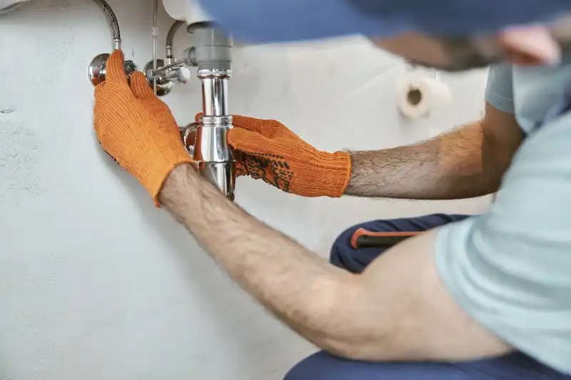 Plumber repairing under sink