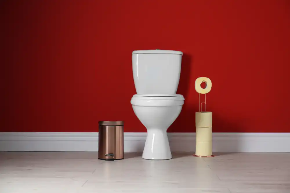 new toilet and accessories before a red wall